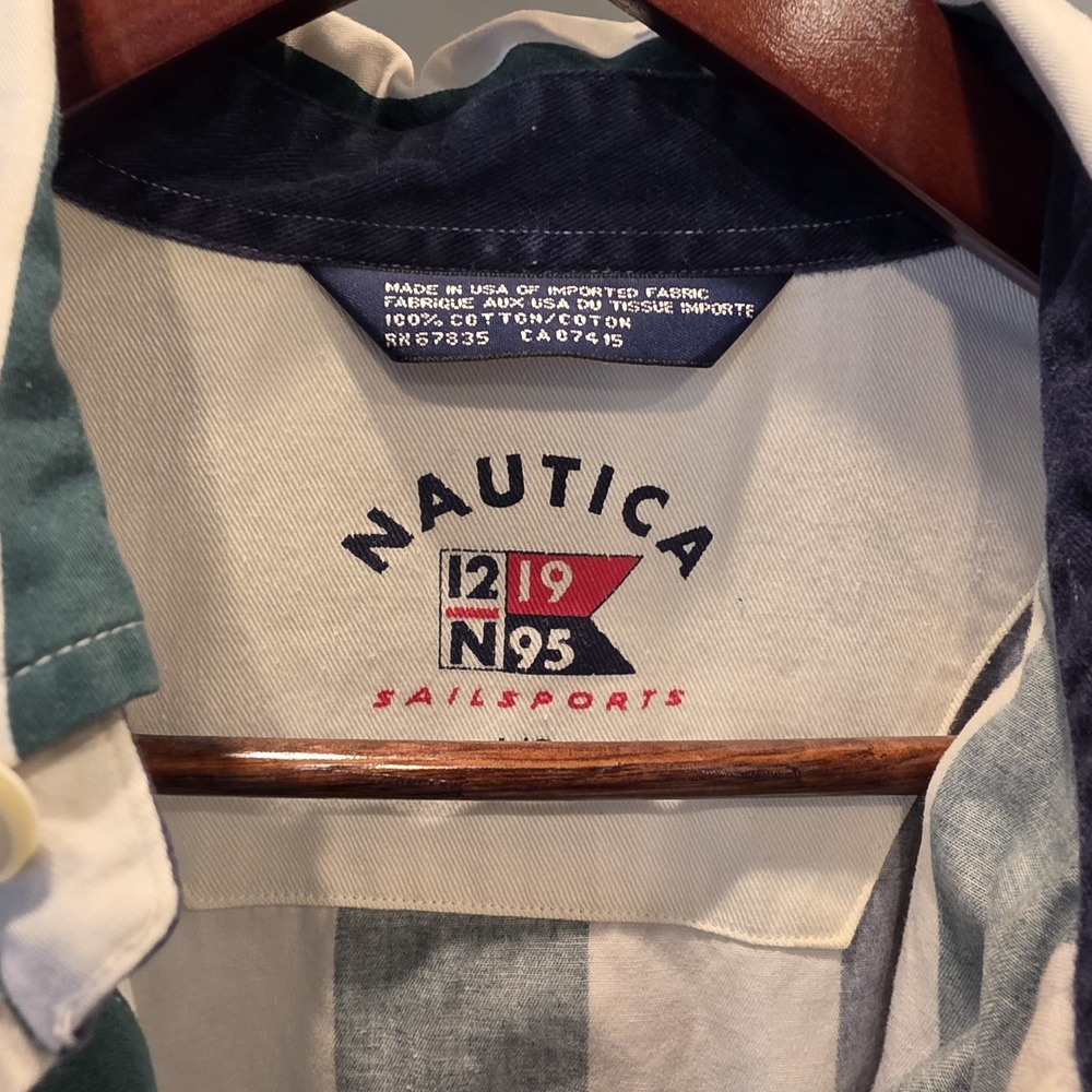 Vintage Nautica 12M 95 SailSports Striped Button Down Shirt Green Navy 100%... - Picture 3 of 4